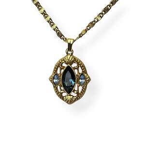 Pendant Necklace Blue Marquise Rhinestone Gold Tone Barrel Clasp Ornate Romantic